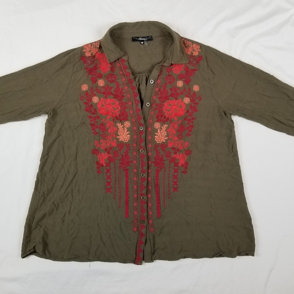 Andrea by Unit Embroidered Shirt Olive Green Shirt Soft Lightweight Size M - Picture 1 of 10